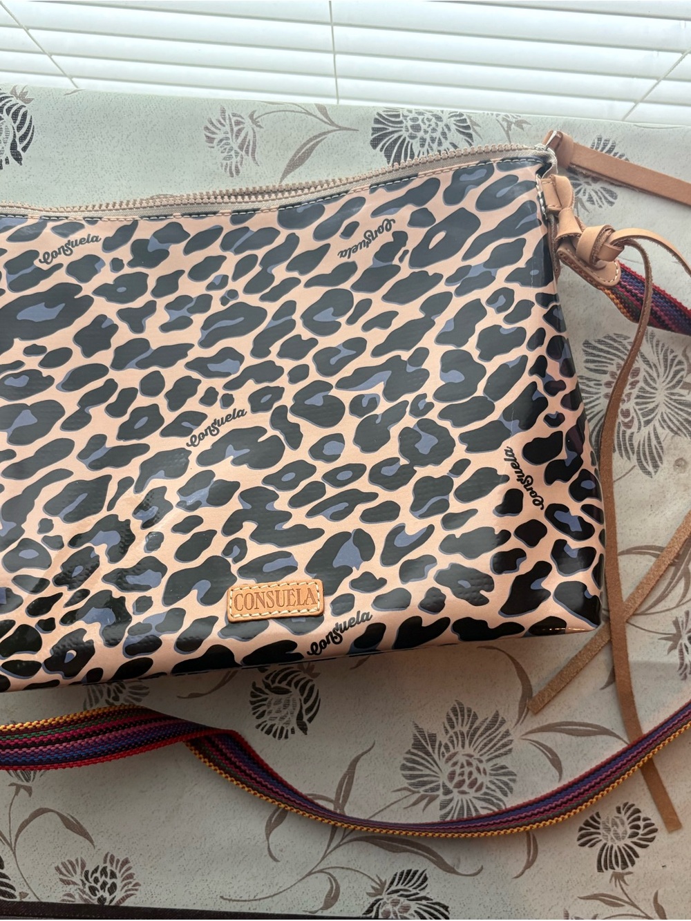 Consuela Blush Leopard Crossbody Bag with Striped Strap